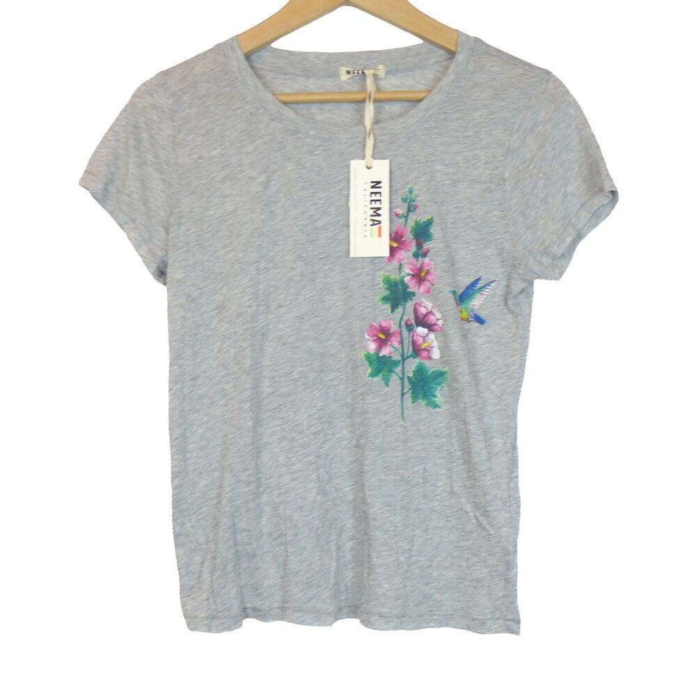 Neema California Lily Top Womens S Gray Hummingbird Floral Graphic Tee NWT